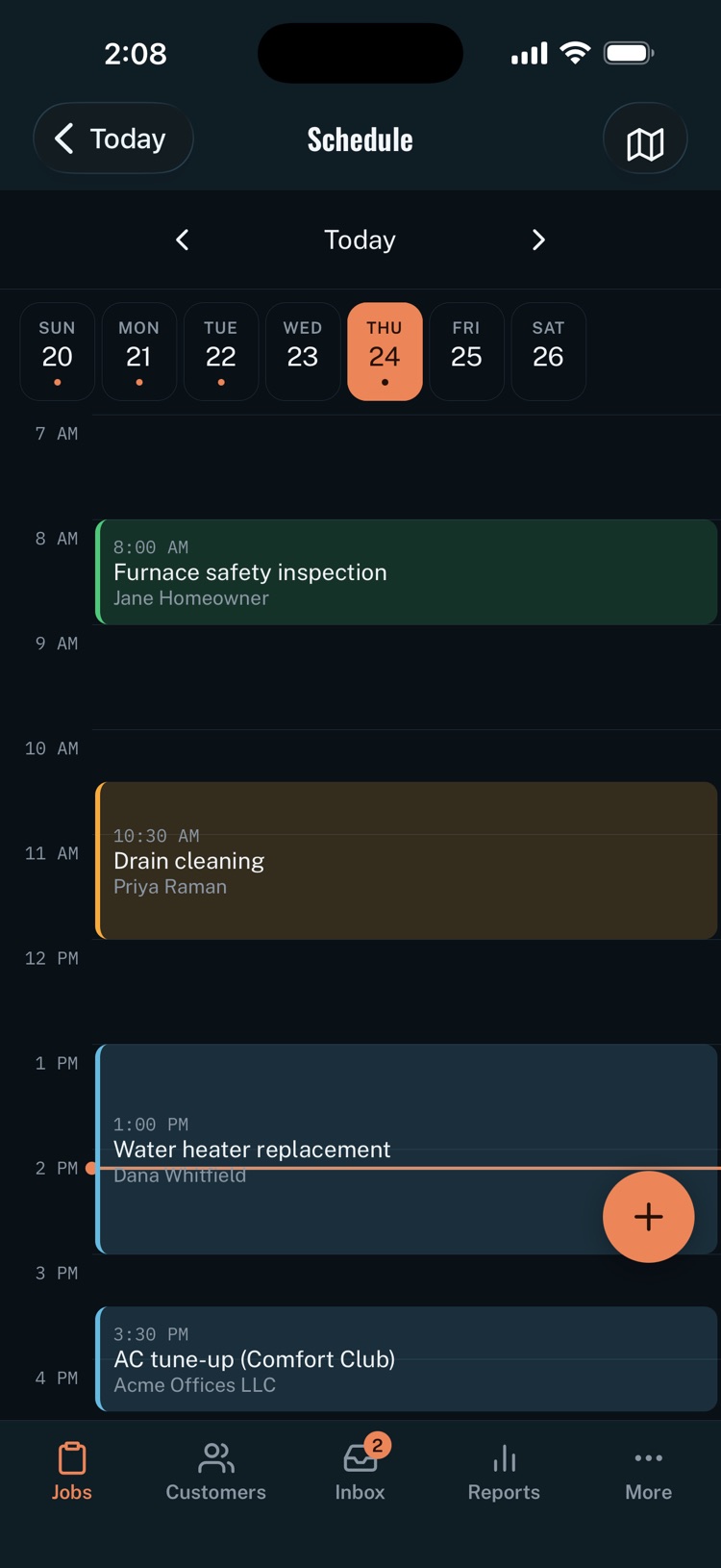Handro's schedule: today's jobs laid out by hour, colored by status