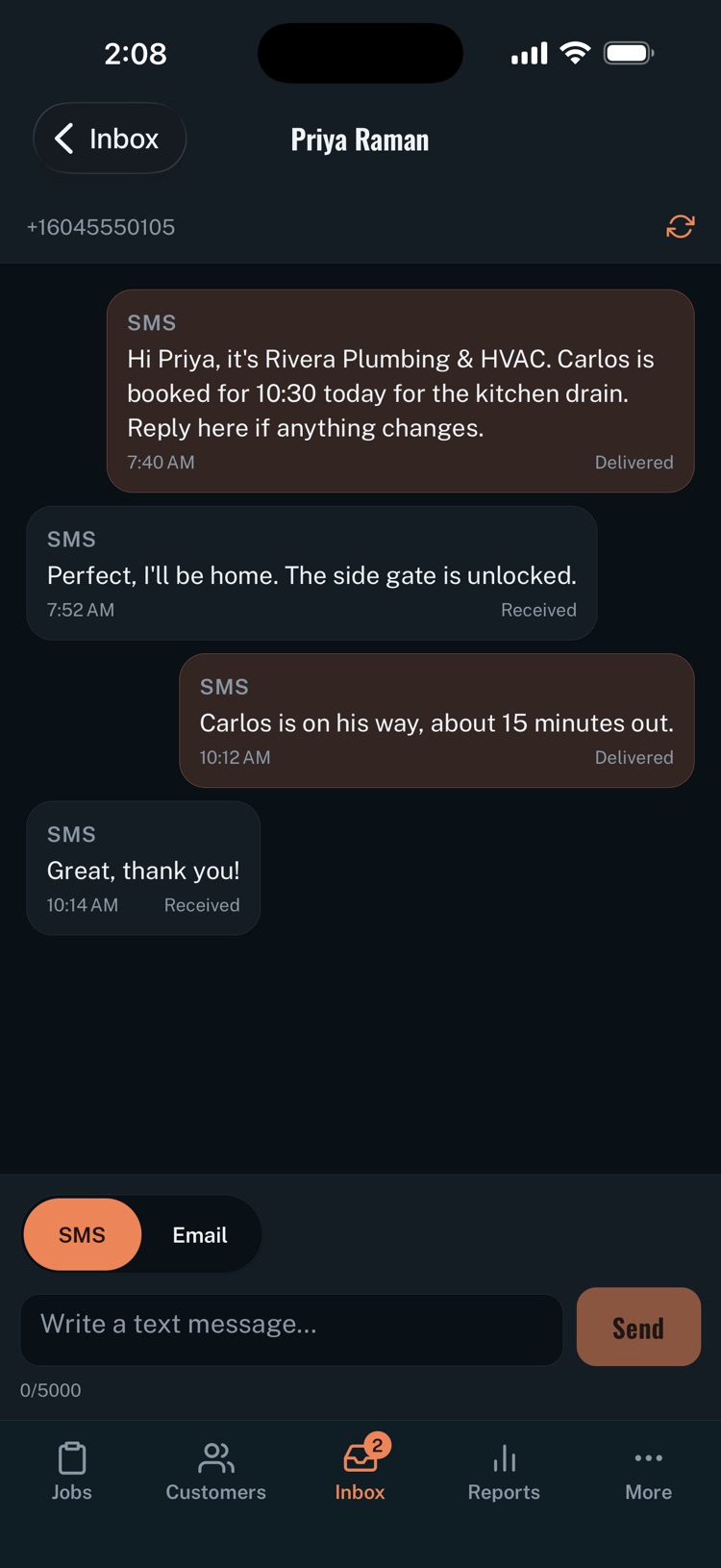 A Handro text conversation with a customer: appointment confirmation, on-my-way text and replies