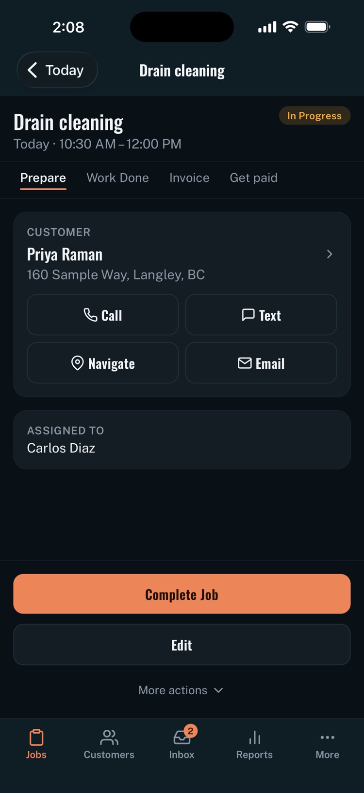 A Handro job on its Prepare tab, with call, text, navigate and email, and the Work Done, Invoice and Get paid tabs