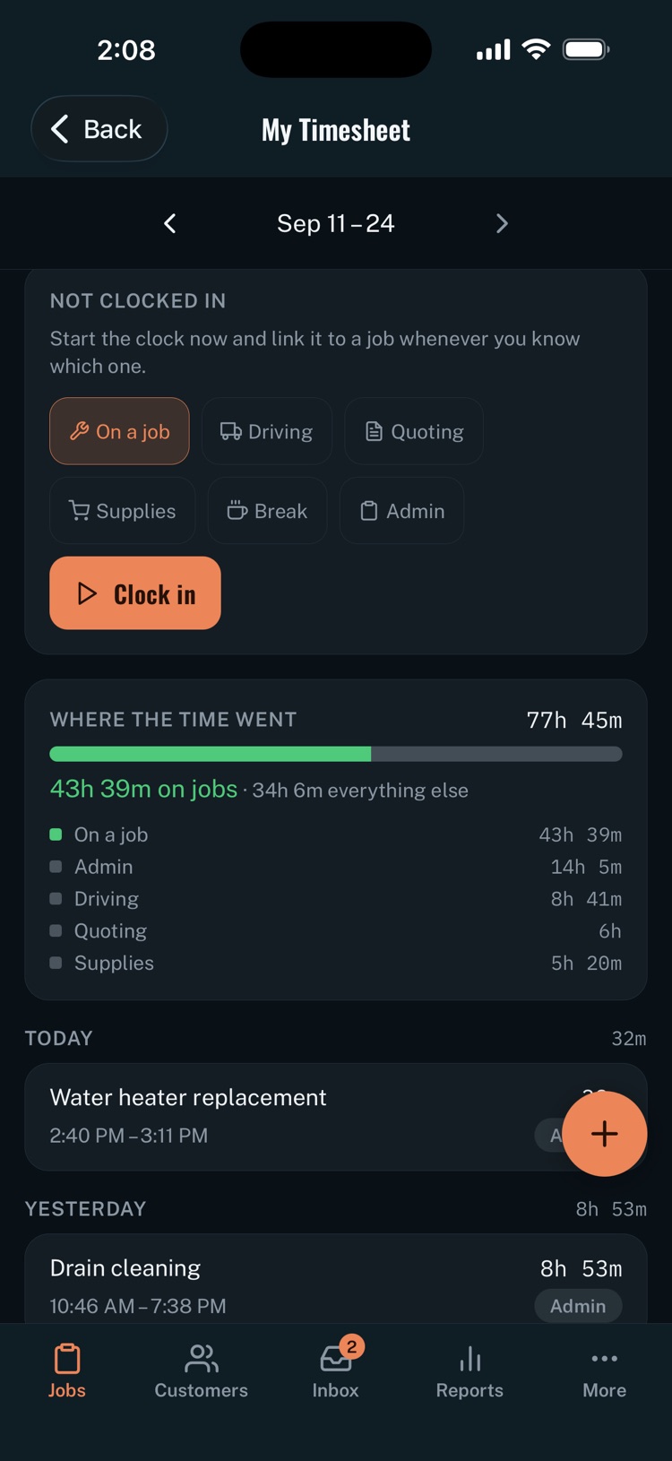 Handro's timesheet: one-tap clock-in by activity, and the period's hours split between jobs and everything else
